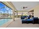 Covered patio with blue outdoor seating next to the swimming pool at 2310 El Cerito Ct, Punta Gorda, FL 33950