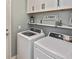 Well-organized laundry room with white cabinets, modern washer/dryer units, and stylish 'Laundry' sign at 28059 Arrowhead Cir, Punta Gorda, FL 33982