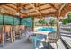 Relaxing tiki hut with a bar, ceiling fan, and view of the pool, creating a perfect outdoor entertainment space at 29324 Leah Rd, Punta Gorda, FL 33982