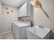 Functional laundry room with washer, dryer, utility sink, and overhead cabinet storage at 7434 Ashtabula St, Englewood, FL 34224