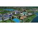 Aerial view of community clubhouse, pool, and tennis/basketball court surrounded by lush landscaping at 8968 Artisan Way, Sarasota, FL 34240