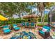 Inviting patio featuring a tiki bar, lounge chairs, a fire pit, and a screened lanai with a pool at 1814 Pinyon Pine Dr, Sarasota, FL 34240
