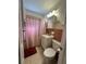 Cozy bathroom featuring a vanity, toilet, and shower with pink accents at 22191 Augusta Ave, Port Charlotte, FL 33952