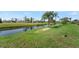 Lush green backyard featuring a canal, mature palm trees, and manicured lawn at 229 Sportsman Rd, Rotonda West, FL 33947