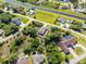 Aerial view showing the house with a fenced in backyard and some neighboring houses at 3476 Brewster Rd, North Port, FL 34288