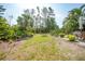 A grassy backyard offers a serene and spacious outdoor living area surrounded by mature trees and plantings at 2666 Barry Rd, North Port, FL 34286