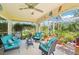 Relaxing outdoor patio with cushioned seating, lush plants, and screened enclosure at 4463 Cromey Rd, North Port, FL 34288