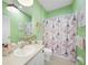 Bright bathroom with green walls, decorative shower curtain, and vanity with sink at 2024 Royal Tern Cir, Punta Gorda, FL 33983