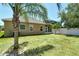 Large backyard with tropical landscaping, a small palm tree, and a privacy fence; perfect for outdoor enjoyment at 27854 Arrowhead Cir, Punta Gorda, FL 33982