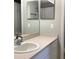 Bathroom featuring vanity with sink, white cabinets, and a framed mirror with a view of the shower at 3293 Cincinnati St, North Port, FL 34286