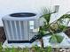 Close-up of the home's central AC unit with visible manufacturer's labels, adjacent to small palm tree in mulch bed at 18459 Inwood Ave, Port Charlotte, FL 33948