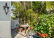 Charming outdoor potting bench nestled amidst lush plants and vibrant hibiscus flowers, adding character at 265 White Marsh Ln, Rotonda West, FL 33947