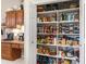 Organized walk-in pantry with ample shelving and storage for food and kitchen essentials, adjacent to work area at 1102 Hunt Club Ln, Valrico, FL 33594