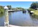 Scenic view of the canal from the dock, lined with lush greenery and various boat docks at 18954 Ayrshire Cir, Port Charlotte, FL 33948