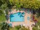 Aerial view of a pool with a spa, surrounded by lush tropical landscaping and lounge chairs at 1326 Wesley Dr # 132, Punta Gorda, FL 33950