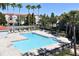 Community swimming pool surrounded by lounge chairs, palm trees, and lush landscaping at 18001 Richmond Place Dr # 636, Tampa, FL 33647