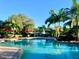 Beautiful community pool area with palm trees, seating and lush landscaping under a clear blue sky at 4992 Brittain Way, North Port, FL 34287