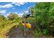 Backyard features a rack for kayaks with surrounding lush green trees and beautiful blue sky at 1313 Wise Dr, North Port, FL 34286