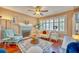Bright living room featuring a decorative fireplace, hardwood floors, and plantation shutters for privacy at 2002 Central Ave, Sarasota, FL 34234