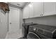 Well-organized laundry room with ample storage cabinets and modern, black, front-loading washer and dryer at 3544 Monfero Ave, North Port, FL 34286