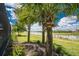 Manicured backyard with palm trees and manicured garden next to pond with grass at 17924 Corkwood Bend Trl, Punta Gorda, FL 33982