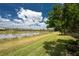 Pond with grass in the backyard, surrounded by lush trees, bushes, and green grass at 17924 Corkwood Bend Trl, Punta Gorda, FL 33982