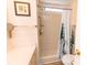 Clean and bright shower with safety bars and nature-themed curtain at 643 Blackburn Blvd, North Port, FL 34287