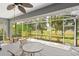Covered patio area with view of the yard with lush trees and landscaping at 1513 Urmey Ln, North Port, FL 34286