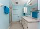 A full bathroom in blue with a shower and a single sink vanity with cabinet at 25046 Doredo Dr, Punta Gorda, FL 33955
