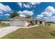Charming single-story home boasts a well-manicured lawn, attached two-car garage and inviting entrance at 25046 Doredo Dr, Punta Gorda, FL 33955
