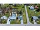 Property highlighted in aerial view with fenced yard, a pool, lush greenery and a serene setting at 900 Stewart St, Englewood, FL 34223