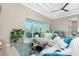 Cozy living room with a white sofa, blue pillows, and a view of the screened-in pool at 13284 Amaryllis Cir, Port Charlotte, FL 33981