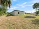 Backyard with sparse, dormant grass, palm trees, and a view of the home at 19092 Woodbine Ave, Port Charlotte, FL 33954