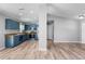 Modern kitchen showcasing stylish blue cabinets, stainless steel appliances, and wood-look flooring at 2405 Mistleto Ln, North Port, FL 34286
