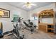 Home gym features carpet, a ceiling fan, weight-lifting equipment and colorful tree art at 25312 E Lenox Cir, Punta Gorda, FL 33950