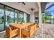 Outdoor patio area featuring a dining table, ceiling fans, and access to a pool at 15 Tournament Rd, Rotonda West, FL 33947