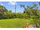 A lush backyard featuring mature trees, tropical plants, a grass lawn, and a black metal fence at 17396 Cox Ave, Port Charlotte, FL 33948