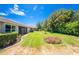 Beautiful backyard with lush green grass, mature landscaping, and a tiled walkway at 11666 Parrotfish St, Venice, FL 34292
