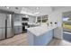 Beautiful kitchen featuring gray cabinetry, quartz countertops, stainless steel appliances, and access to the backyard at 2166 Beacon Dr, Port Charlotte, FL 33952