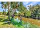 Backyard view featuring a green safety fence along a canal, and mature palm trees at 336 Waterside St, Port Charlotte, FL 33954