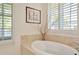 Bright bathroom featuring a soaking tub with tile surround, windows, and natural decor at 936 Hemingway Cir, Tampa, FL 33602