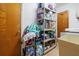 Functional pantry with shelves stocked with assorted household items, offering practical storage solutions at 10229 Gulfstream Blvd, Englewood, FL 34224