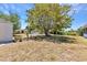 Spacious backyard featuring a large shady tree, grass, and a storage shed at 22299 Laramore Ave, Port Charlotte, FL 33952