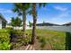 Manicured backyard featuring lush grass, palm trees, and a white fence for privacy at 16176 Lotus Way, Punta Gorda, FL 33982