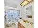 Bright bathroom featuring a shower with a sea-themed curtain and a single sink vanity with a lighted mirror at 18585 Klingler Cir, Port Charlotte, FL 33948