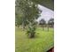 Spacious grassy backyard with a black chain-link fence and mature trees at 26129 Madras Ct, Punta Gorda, FL 33983