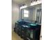 Bathroom with dual vessel sinks, black cabinetry, and a large framed mirror at 26129 Madras Ct, Punta Gorda, FL 33983