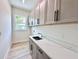 Laundry room features light gray cabinets, white quartz countertop, and sink at 2089 Garnet St, North Port, FL 34288
