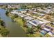 Panoramic aerial shot highlights a waterfront neighborhood with homes, waterways, and green spaces at 444 Edgewood Rd, Venice, FL 34293