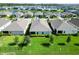 Aerial view of homes with a lush backyard, trees, and a neighborhood pond at 16824 Canopy Garden Dr, Port Charlotte, FL 33953
